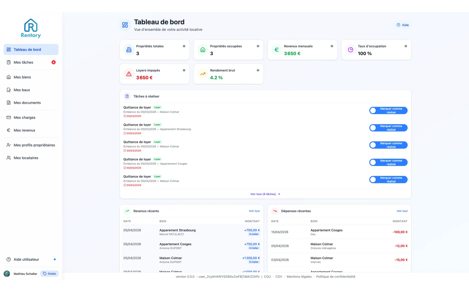 Aperçu du dashboard Rentory